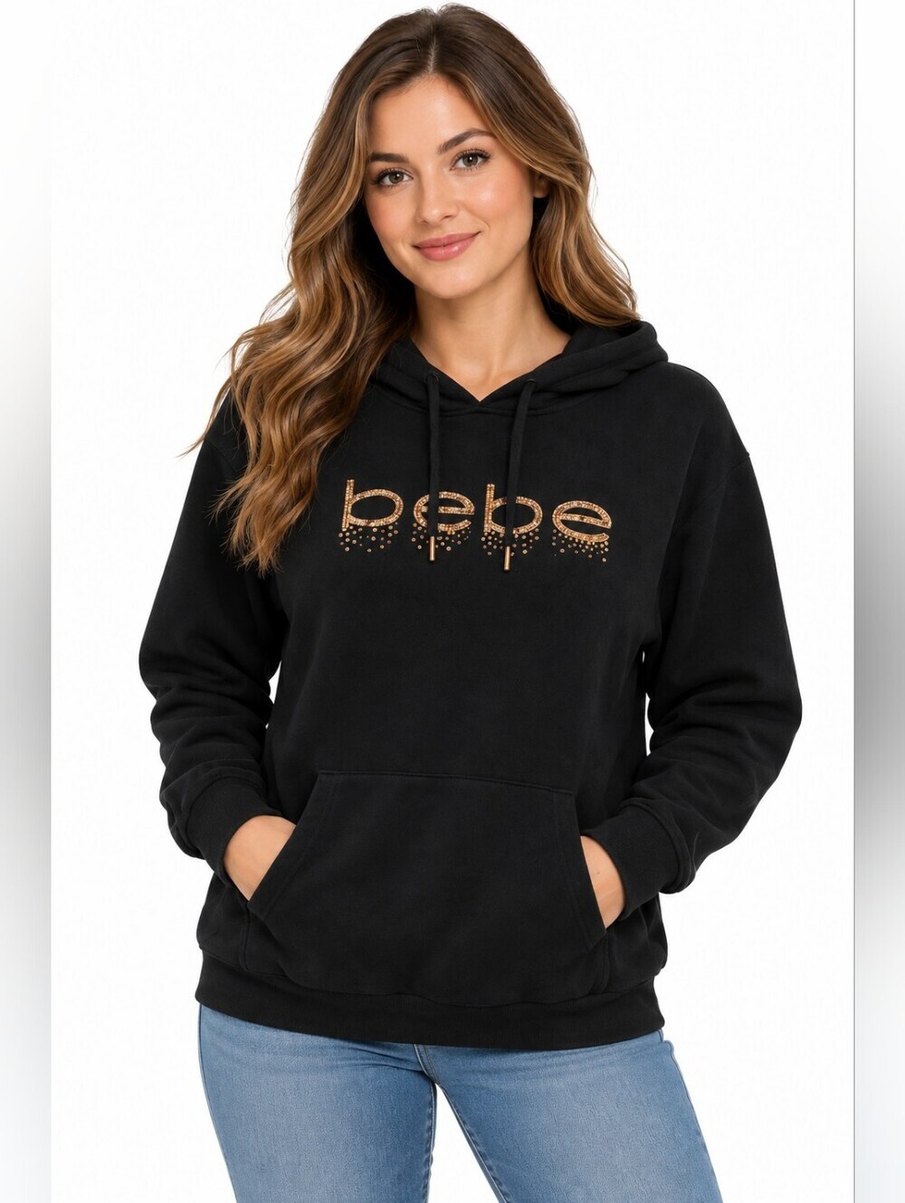 Bebe Women's Black Hoodie with Gold Detailing Y2k Retro Size Large